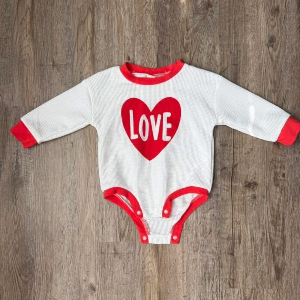 Crewneck Long Sleeve Romper-  Red and White Love Heart